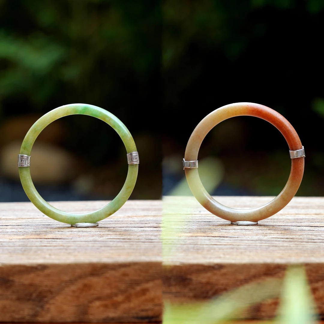 【对影成双】56.5圈 清 老坑红黄翡 黄加绿老手镯一对 国风美人镯