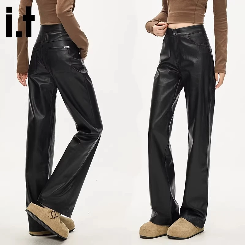 i.t:CHOCOOLATE高腰PU皮裤女爆款2025秋冬款小个子宽松直筒休闲裤