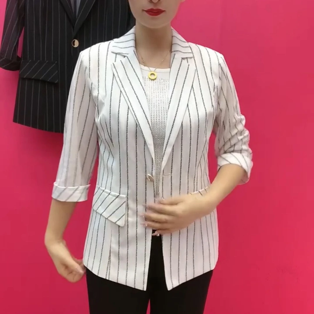 时尚七分新款春夏职业修身条纹短款西装西服外套2025气质网纱上衣