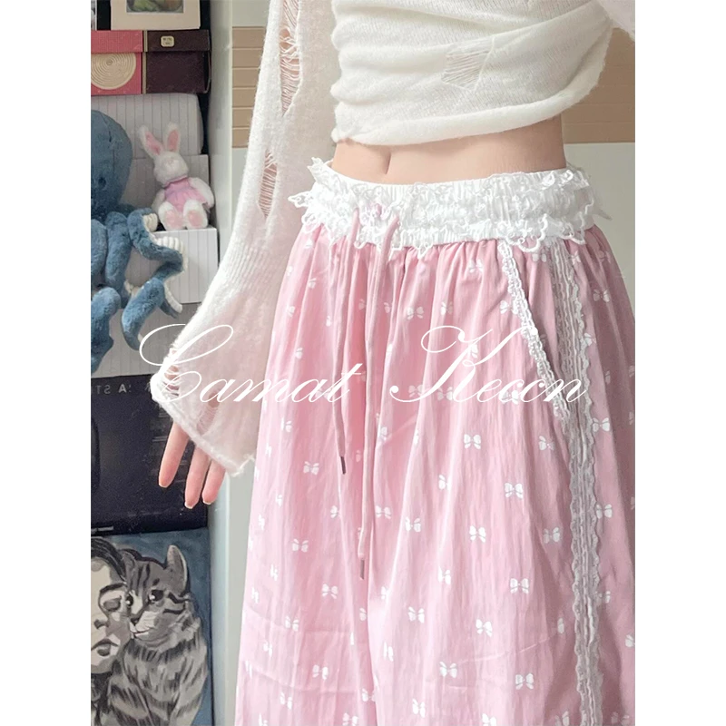 粉色蕾丝边阔腿裤女夏季2025新款高腰显瘦休闲小个子蝴蝶结运动裤