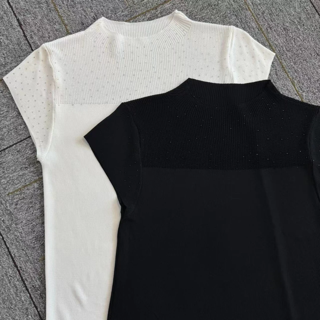 深圳南油白桃美美 法式微透烫钻半高领夏季新款女装气质百搭A2220