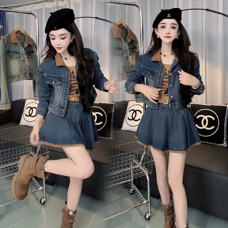 高级感洋气原创小众牛仔2025早秋网红爆款女士两件套外套+百褶裙