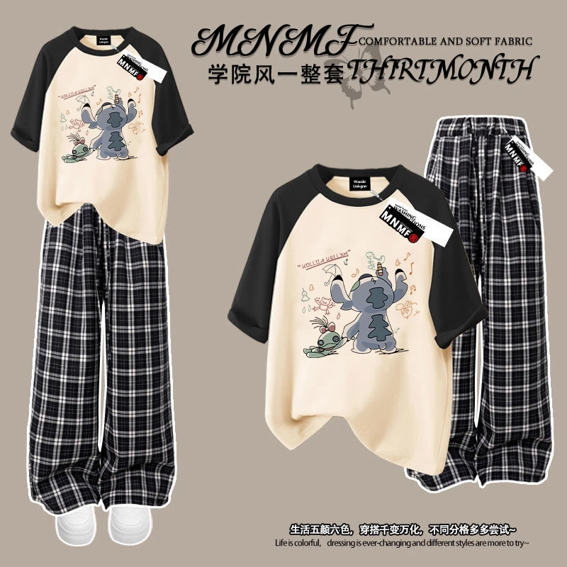 男女童插肩短袖格子裤套装美式潮牌史迪仔印花宽松休闲学生两件套