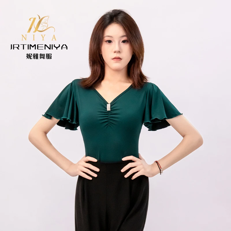 摩登舞夏款时尚钻扣短袖连体上衣练功服女士国标舞广场舞服