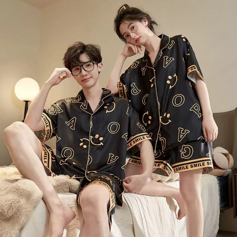 夏季睡衣男女同款冰雪丝短袖短裤薄款时尚家居服休闲居家外穿