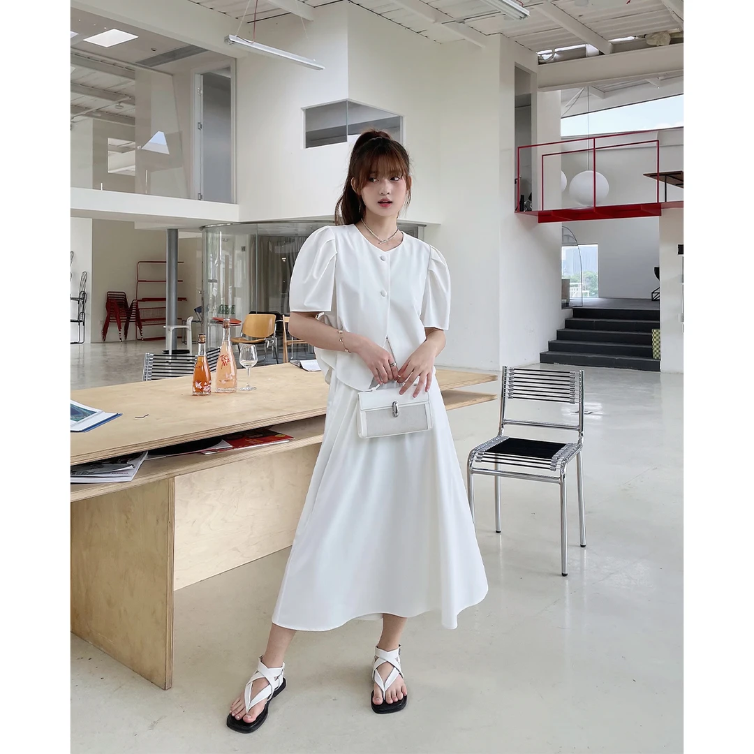 晶咕白标~小香风短袖外套高腰A字半身裙套装女夏季大码两件套显瘦