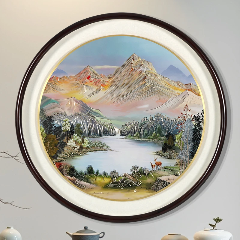 君自在《金山聚宝盆》手工铜雕圆形装饰画入户玄关走廊餐厅山水挂画