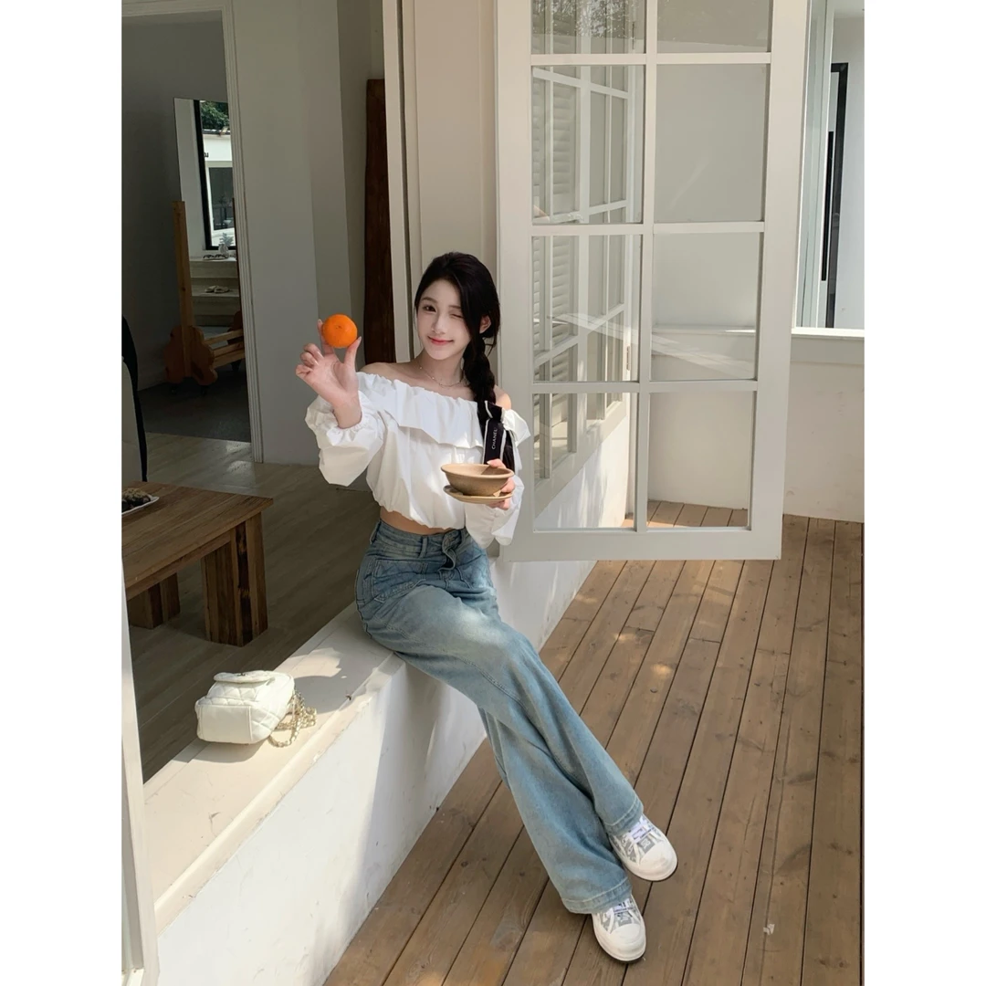 【梦梦服饰】高级感超好看一字肩小众设计款白色露肩衬衫女+裤子
