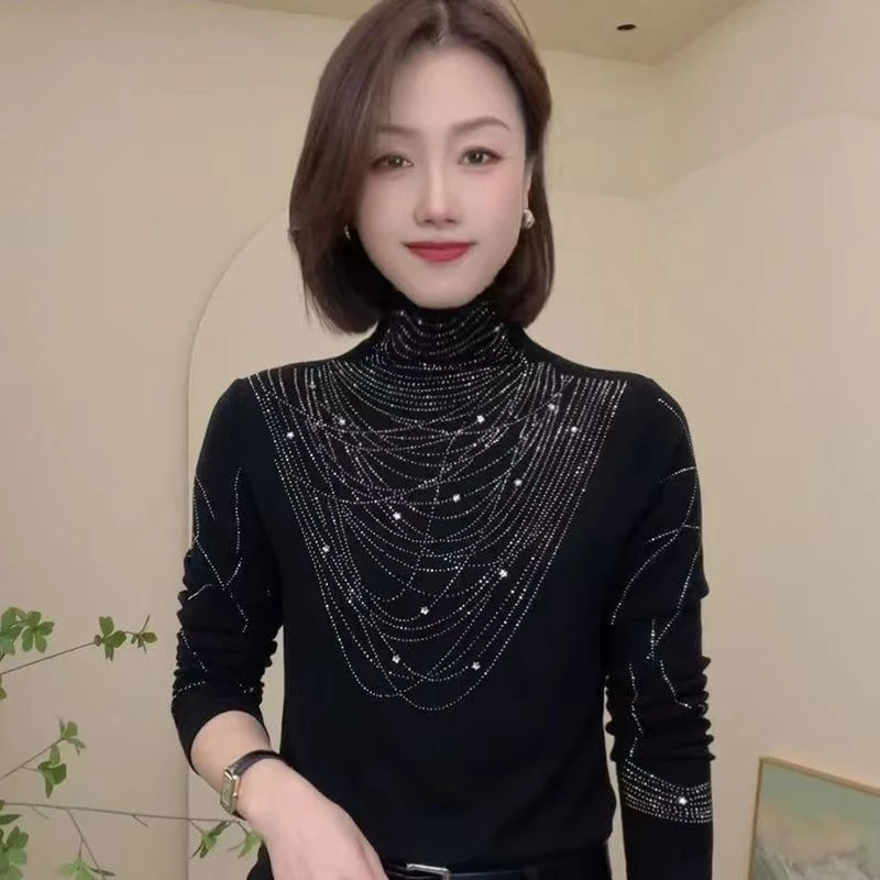 德绒烫钻打底衫女春秋冬时尚洋气保暖上衣半高领加绒小衫