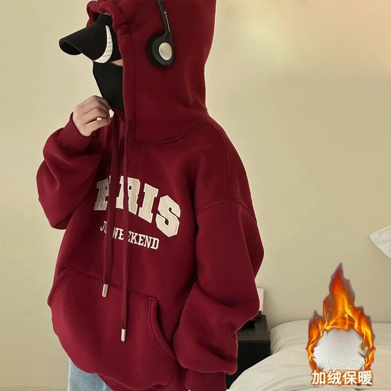 男童加绒加厚卫衣红色中大童2025新款儿童宝宝秋冬季刺绣长袖上衣