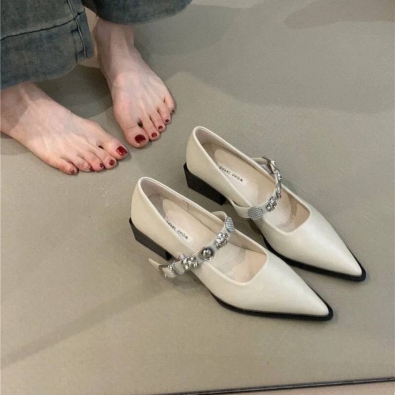 气质粗跟玛丽珍鞋2025年新款法式优雅金属扣尖头一字带通勤单鞋女