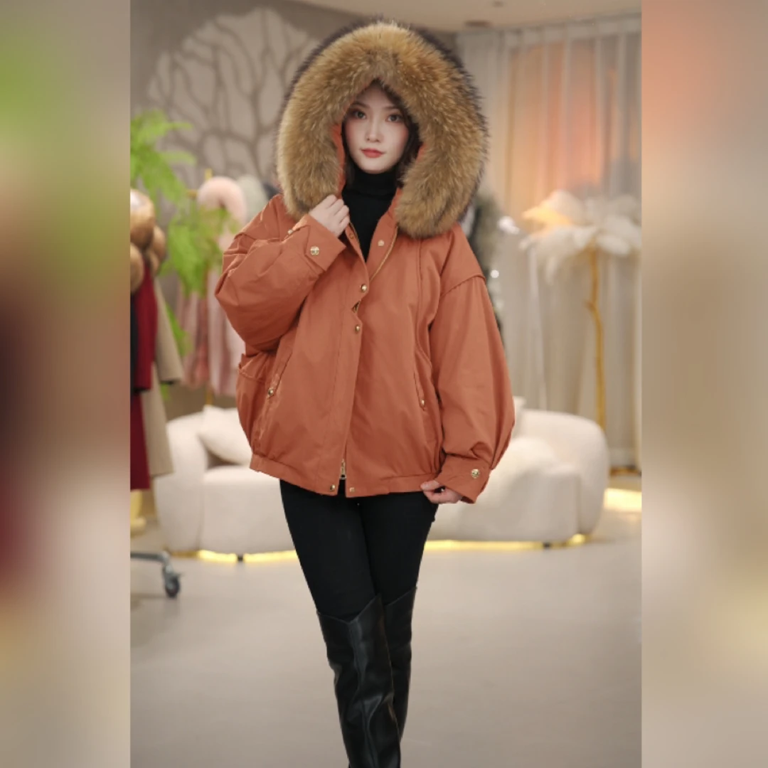 小精灵  女士短款可拆卸的兔毛内胆搭配大貉子毛领简约时尚派克服