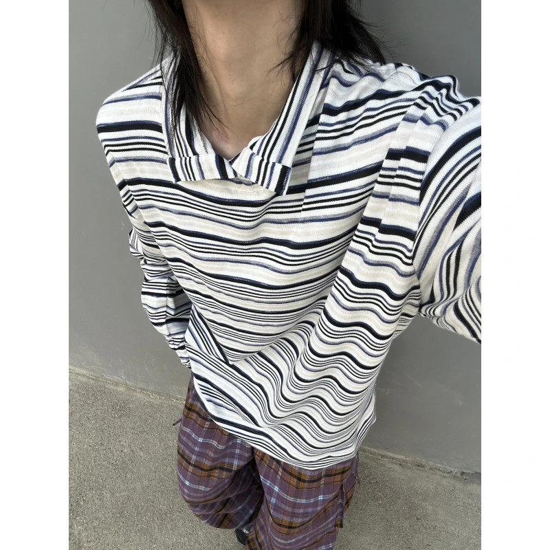 小众设计慵懒风条纹POLO领长袖T恤男装秋季休闲宽松显瘦百搭