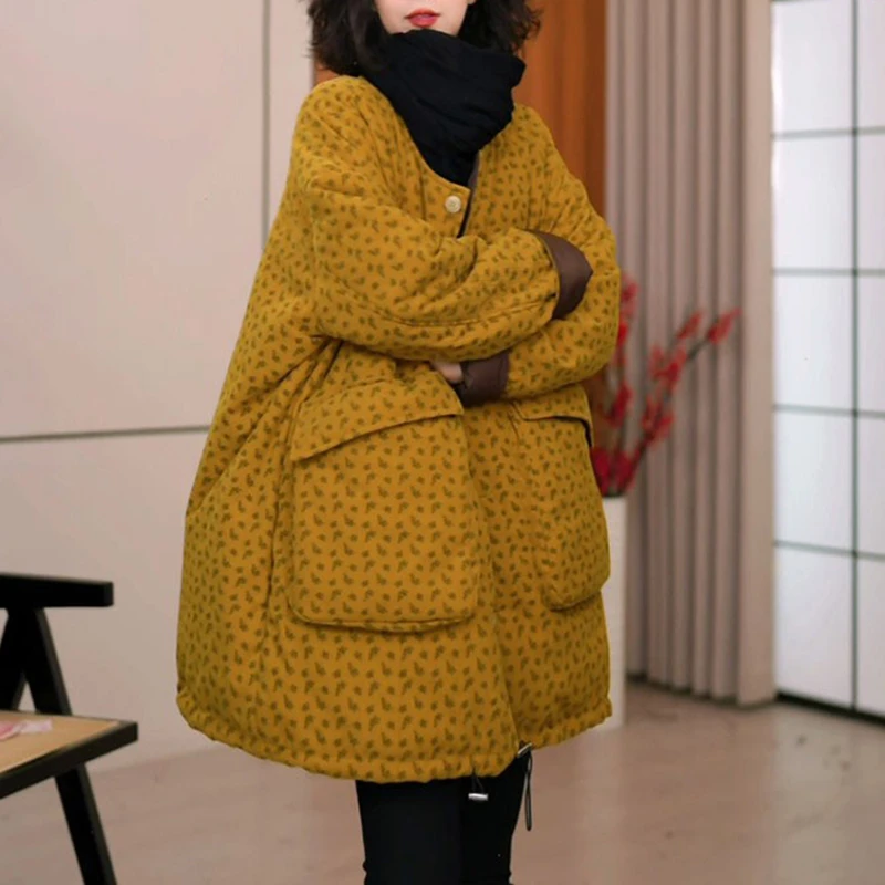 韩版时尚印花减龄单排扣棉服2025秋冬新款设计感大口袋拼接棉衣潮