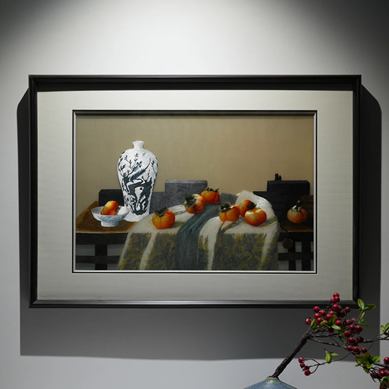 苏绣新中式手工刺绣挂画硕果累累静物柿子花瓶玄关过道背景装饰画