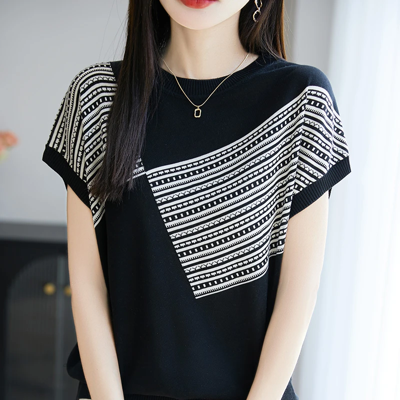 【100天丝莱赛尔】重工提花夏装新款女装韩版短袖上衣针织衫薄