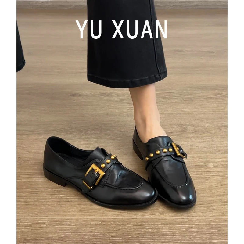 牛皮版~复古铆钉皮带扣乐福鞋一脚蹬粗跟单鞋通勤英伦风小皮鞋女