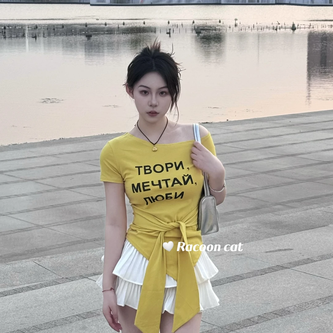 Racoon cat不规则上衣T恤收腰绑带漏肩短袖