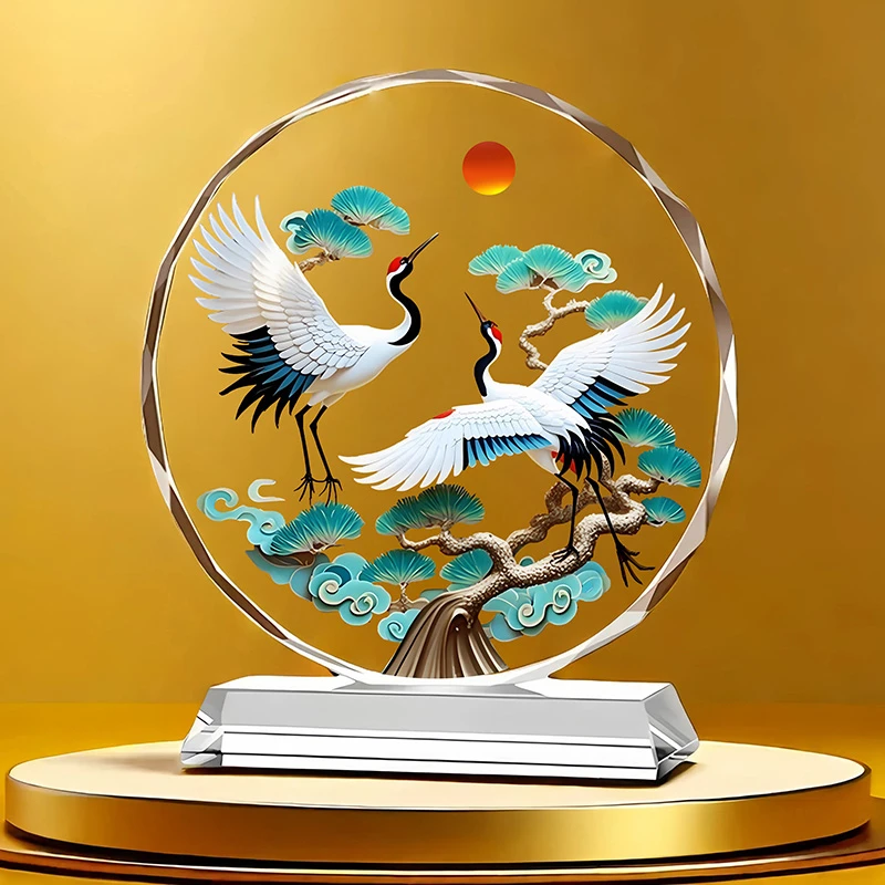 松鹤延年水晶摆件吉祥鸟桌面装饰旭日东升长辈生日祝寿长寿贺寿礼