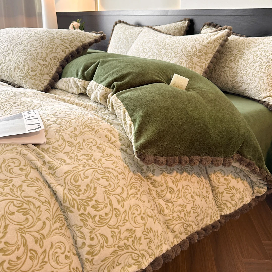 加厚立体着色烂花牛奶绒提花四件套轻奢风冬季保暖双面绒被套床品