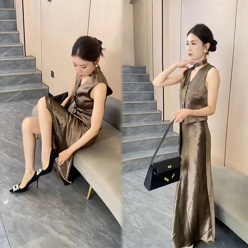 欧货高级时尚套装女2025夏新款气质显瘦无袖上衣高腰半身裙两件套