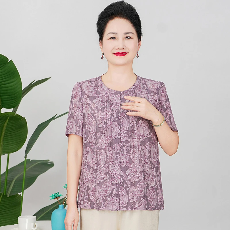 雅鹿夏季时尚新款上衣洋气透气妈妈装领印花宽松显瘦小衫B25869B