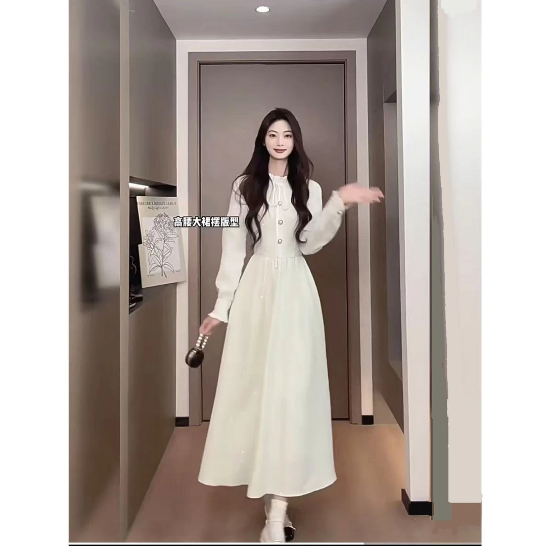 高个子秋冬2025新款拼接贵气千金长袖连衣裙收腰显瘦精致长裙子
