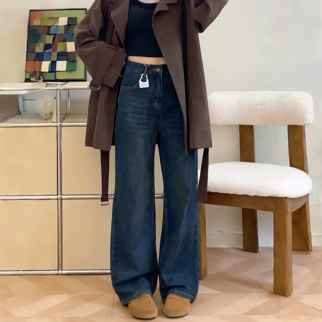 秋季宽松阔腿牛仔裤女高腰显瘦微胖妹妹秋大码梨型身材百搭拖地裤