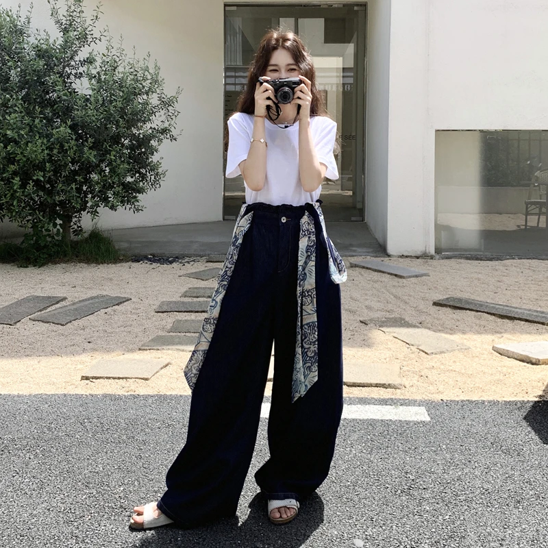 慵懒时尚薄款夏季背带裤套装韩版宽松垂感背带高腰拖地女牛仔裤
