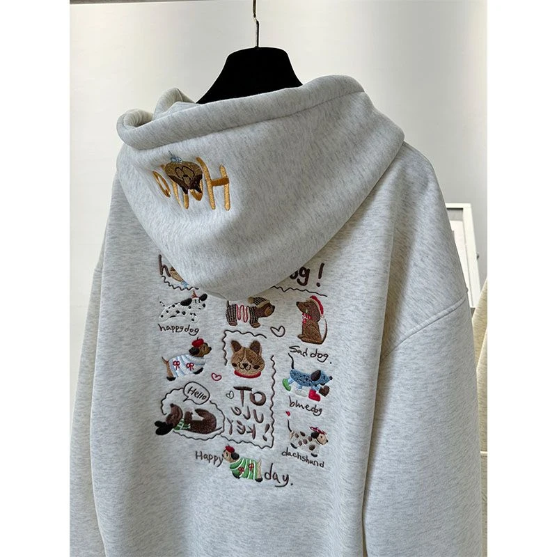 美式高街腊肠小狗刺绣连帽卫衣女秋冬设计感oversize休闲百搭上衣