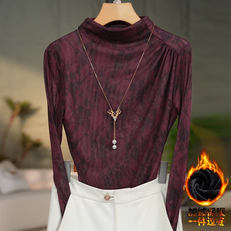 366-2加绒#高贵上档次小衫2025新款潮流气质时尚显瘦网纱打底衫