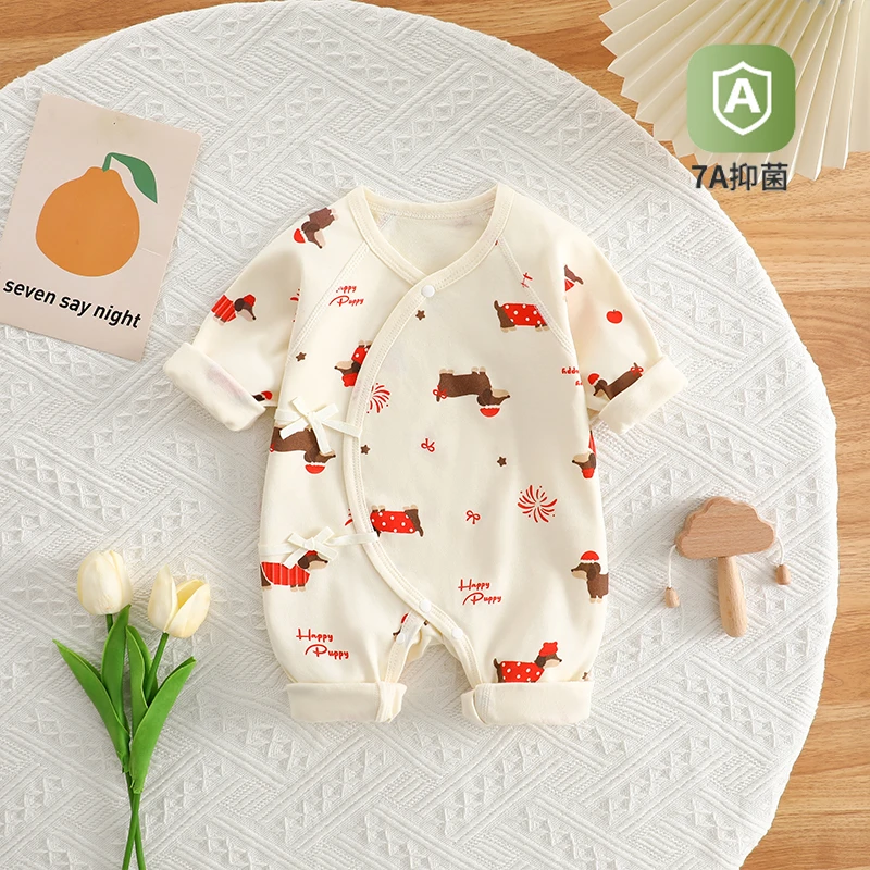 新生婴儿连体衣春秋款宝宝衣服纯棉初生儿7A抗菌系带蝴蝶衣满月服
