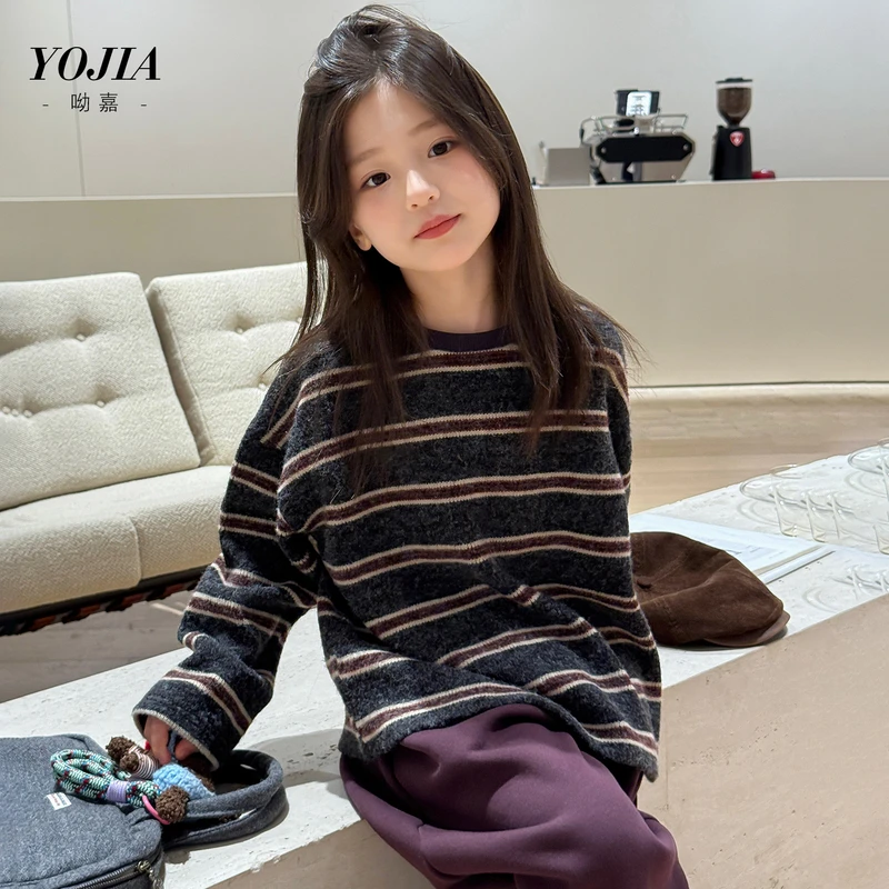 YOJIA女童条纹T恤秋冬2025新款洋气时髦童装长袖上衣圆领儿童冬装