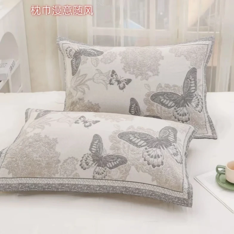 【木帛织物】 罗布蝴蝶一对装 花边直边泡芙枕巾 罗布麻加厚简约