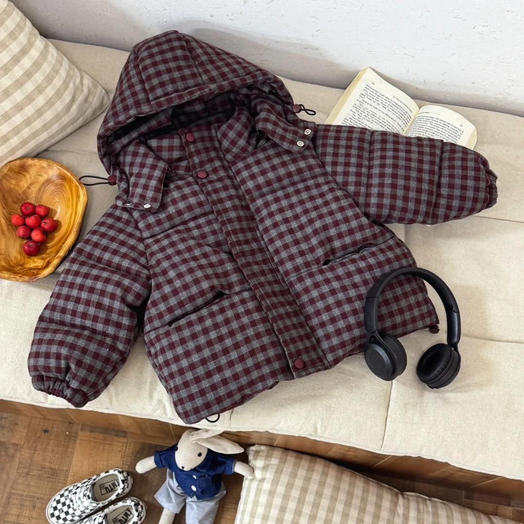 儿童格子加绒加厚棉服可拆卸帽洋气百搭棉袄冬季保暖上衣冬天衣服