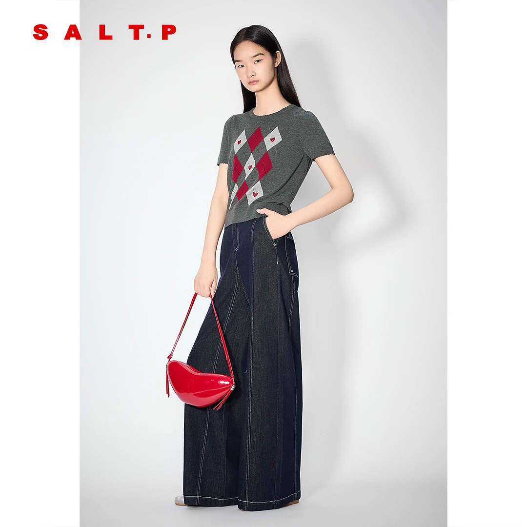 SALT.P可颜烟灰撞色萎格手钩绣花圆领毛衫针织衫2025秋季新款