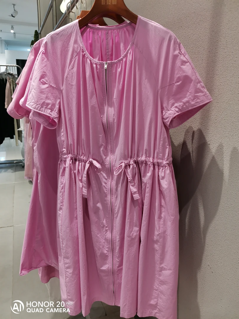 H型裙夏季圆领宽松腰短袖连衣裙紫色休闲长款气质