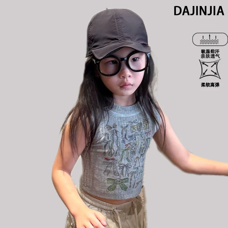 大金定制新款甜妹韩系细织坑条灰色蝴蝶结儿童无袖百搭上衣