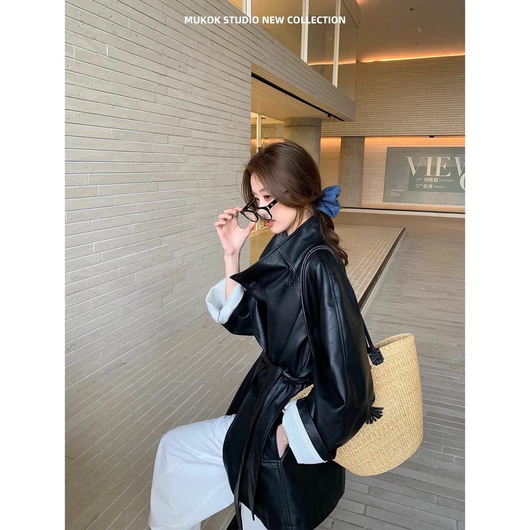 设计高级感炸街复古西装皮衣外套秋季系带皮衣网红上衣城市机能风