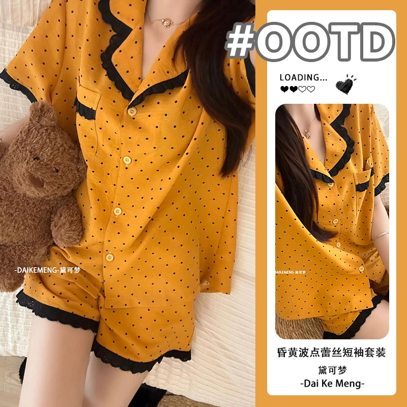 【昏黄波点】ins韩系亮色调蕾丝拼接甜美短袖短裤睡衣套装透气亲肤