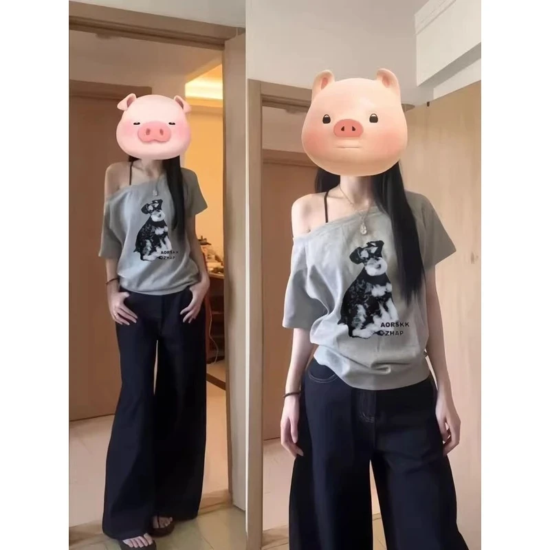 一字肩宽松短袖t恤女浅灰色百搭狗狗印花夏季款宽松时尚