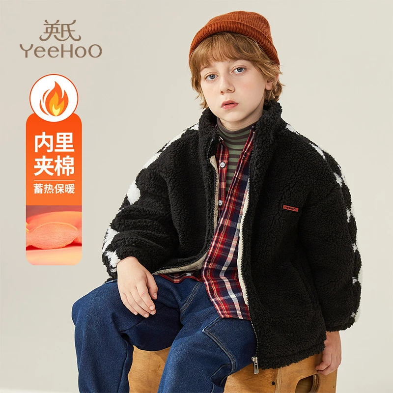 英氏【拼接外套】男童毛绒拼接外套儿童立领毛绒外套春季保暖外套