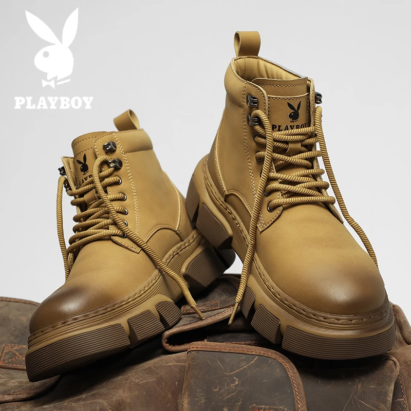 花花公子马丁靴男秋冬新款英伦风皮面复古大黄靴厚底增高工装鞋男