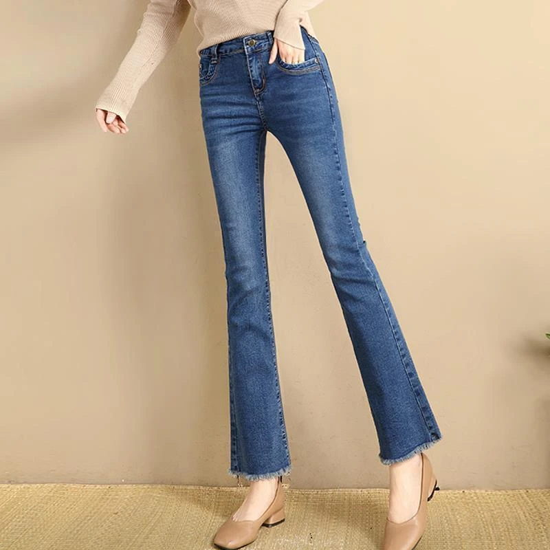 秋季新款韩版爆款显瘦高腰修身弹力八分喇叭裤牛仔裤女九分微喇裤