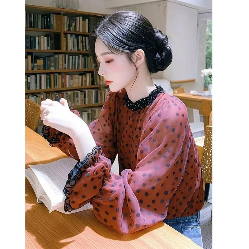 法式甜美风红色碎花泡泡衫衬衫女2025年春秋新款时尚宽松气质上衣