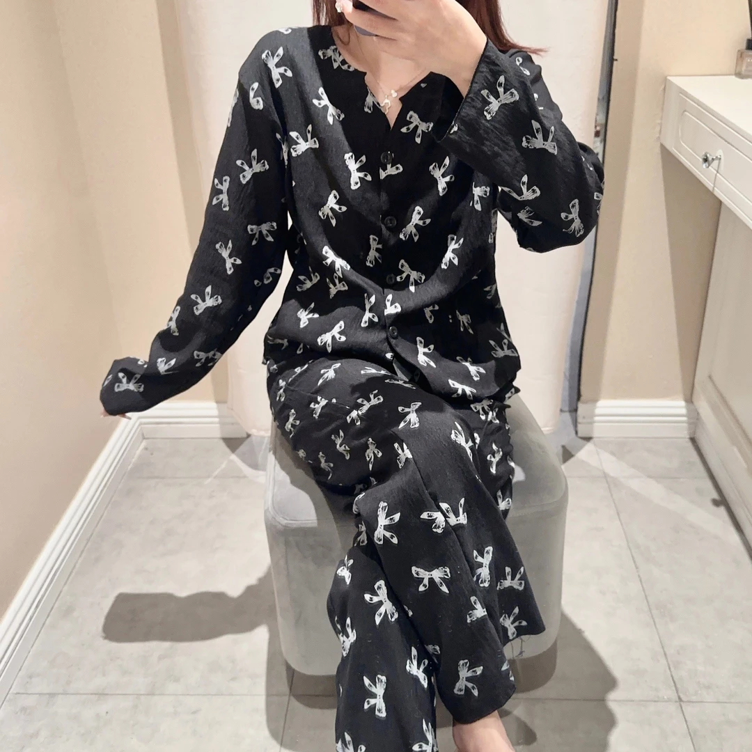 春夏新款蝴蝶结印花云朵棉柔软睡衣甜美减龄透气长袖长裤套装1786