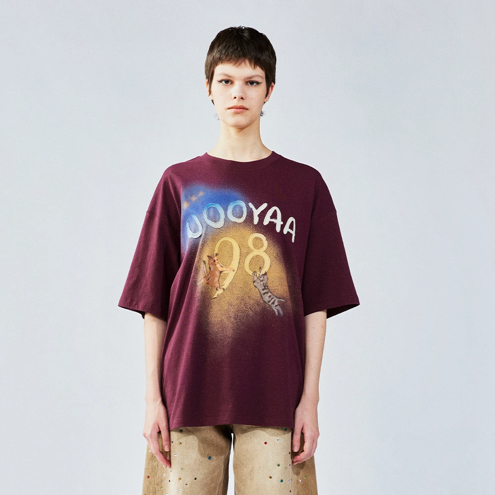 UOOYAA/乌丫2025夏季新款「飞碟吸猫」印花T恤UY25292T128139