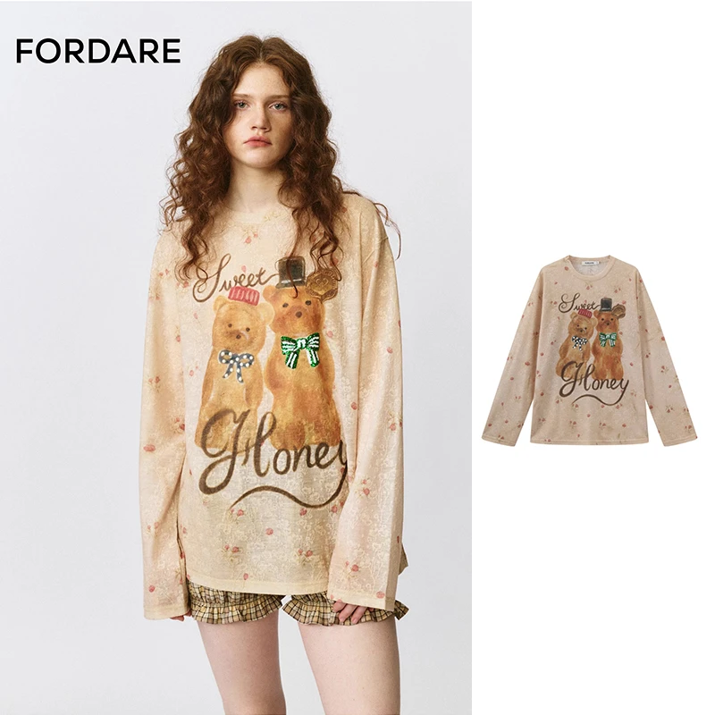FORDARE/福蝶25早秋蜂蜜小熊碎花长袖T恤秋季