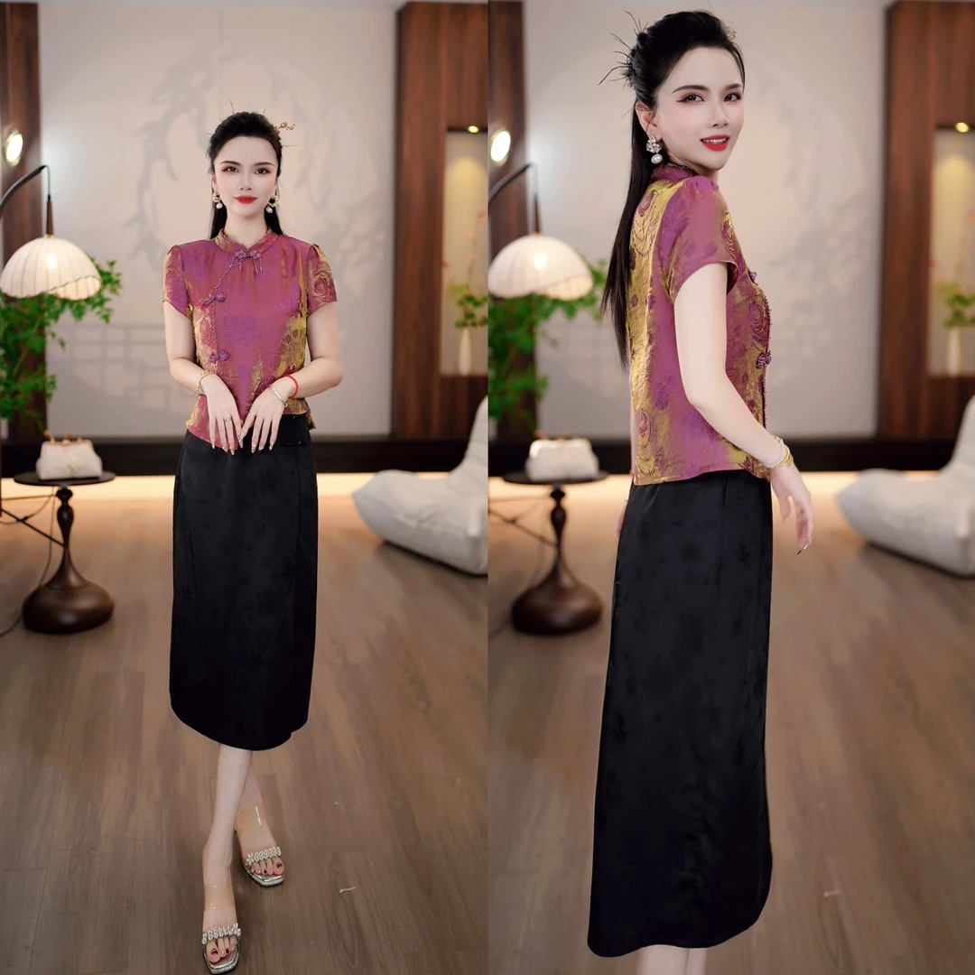 2025夏季玫紫色不对称斜襟盘扣中式小衫+黑色暗纹半裙两件套M-4XL