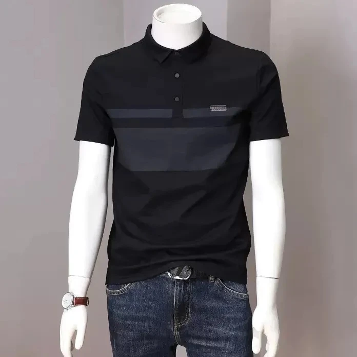 2025男士夏季薄款翻领潮流polo衫韩版撞色印花拼接上衣t恤男修身